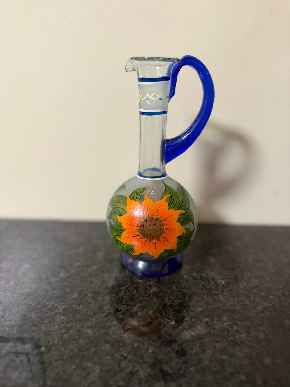 Vtg Hand Painted Glass Pitcher Vase Cobalt Blue Handle Orange Sunflower Cruet